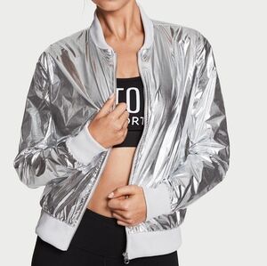 Victoria Secret VSX Sport Silver Metallic Bomber Jacket Size Small
